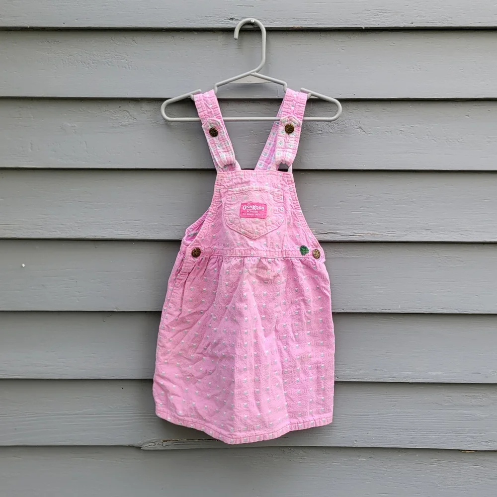 Vintage 90s Osh Kosh B'Gosh White Pink Cotton Check Floral Overalls Shirt Set 4T
